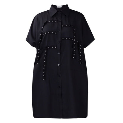Loose Collar Short Sleeve Midi Shirt Dress