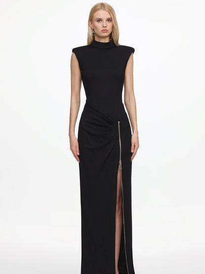 Nora Sleeveless Pleated Zipper High Slit Maxi Dress
