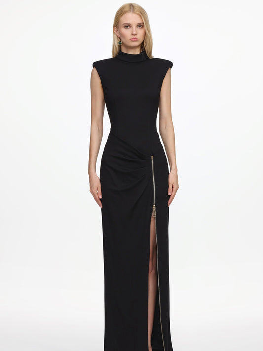 Nora Sleeveless Pleated Zipper High Slit Maxi Dress