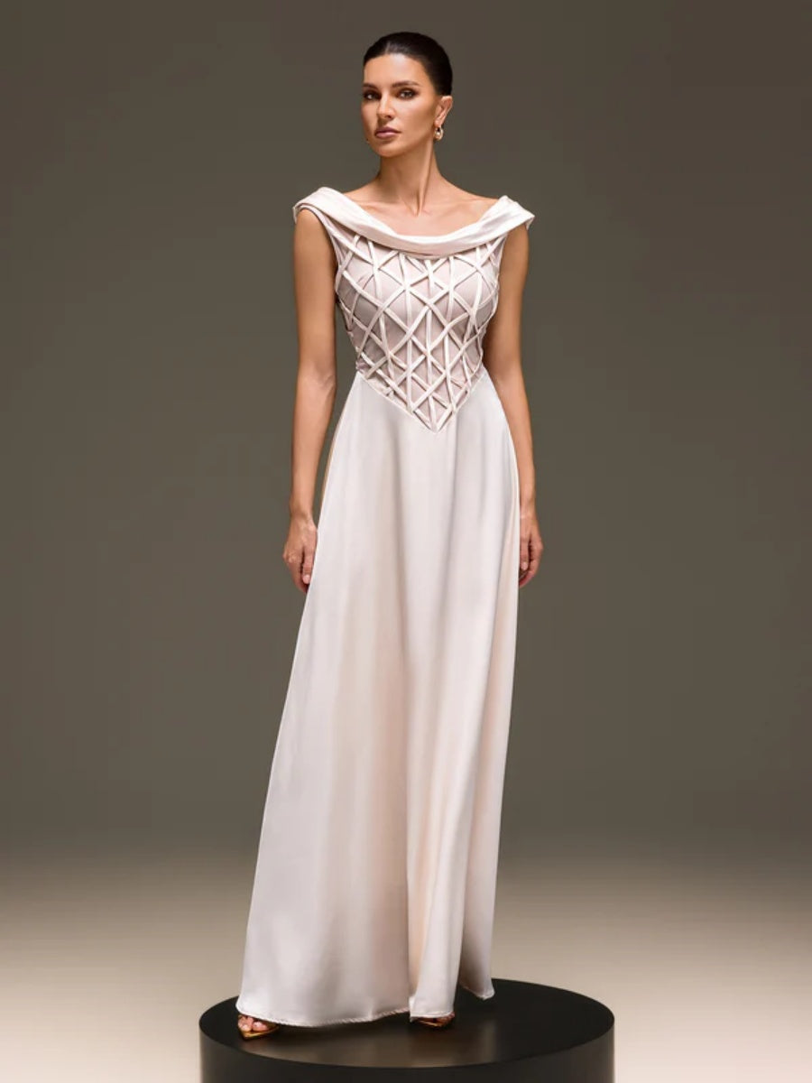 Seraphina Lattice-Bodice Off-the-Shoulder Satin Gown
