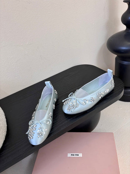 Miu Ballet Flat With Floral Crystal Light Sky Blue Silk