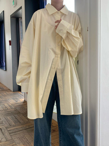 Long Sleeves Loose Buttoned Hollow Pleated Solid Color Split-Joint Lapel Blouses&Shirts Tops