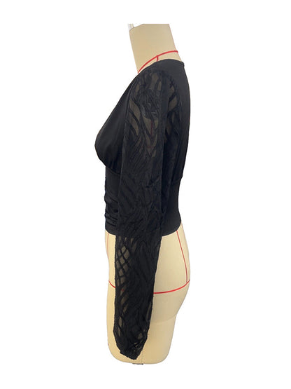 Long Sleeves Loose Buttoned Mesh Pleated See-Through Solid Color Split-Joint Deep V-Neck T-Shirts Tops