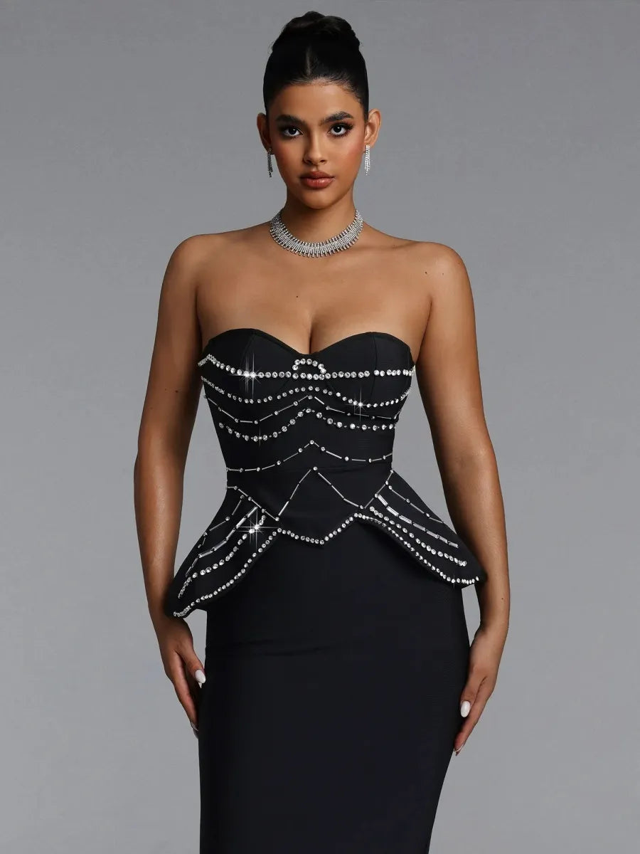 Kim Crystal-Embellished Strapless Peplum Midi Dress