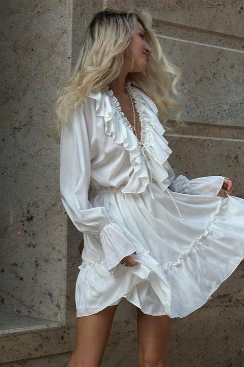 Ruffle Long Sleeve Mini Dress Lightweight Fabric
