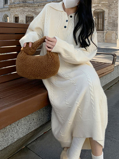 Long Sleeves Loose Buttoned Lapel Midi Dresses Sweater Dresses