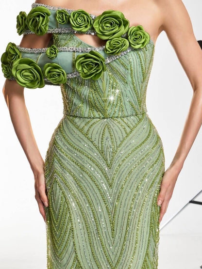 Audrey Flower Sequin Rhinestone Maxi Dress