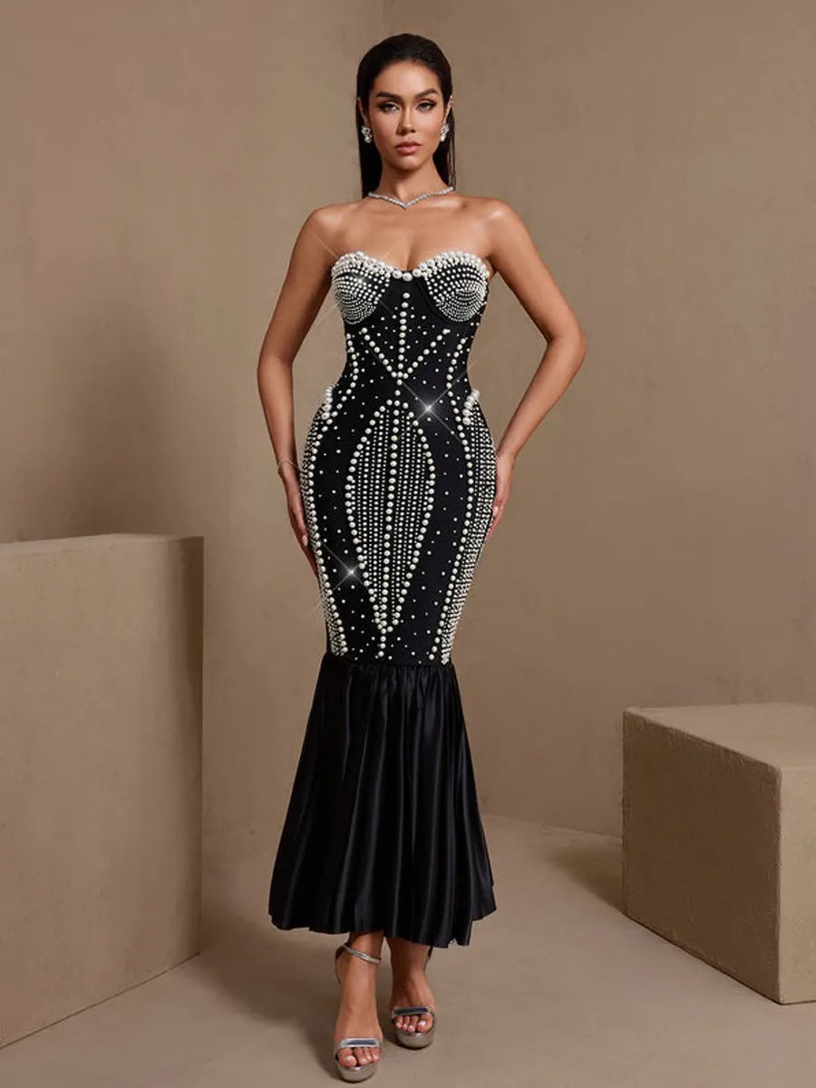 Katia Pearl Embroidered Fishtail Bandage Maxi Dress