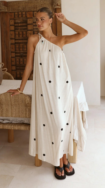 Nasira One Shoulder Maxi Dress - Oat/Black Polka Dot