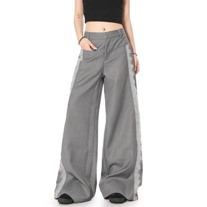 Lace Trimmed Gray Trousers Draped Wide-Leg Longline Style