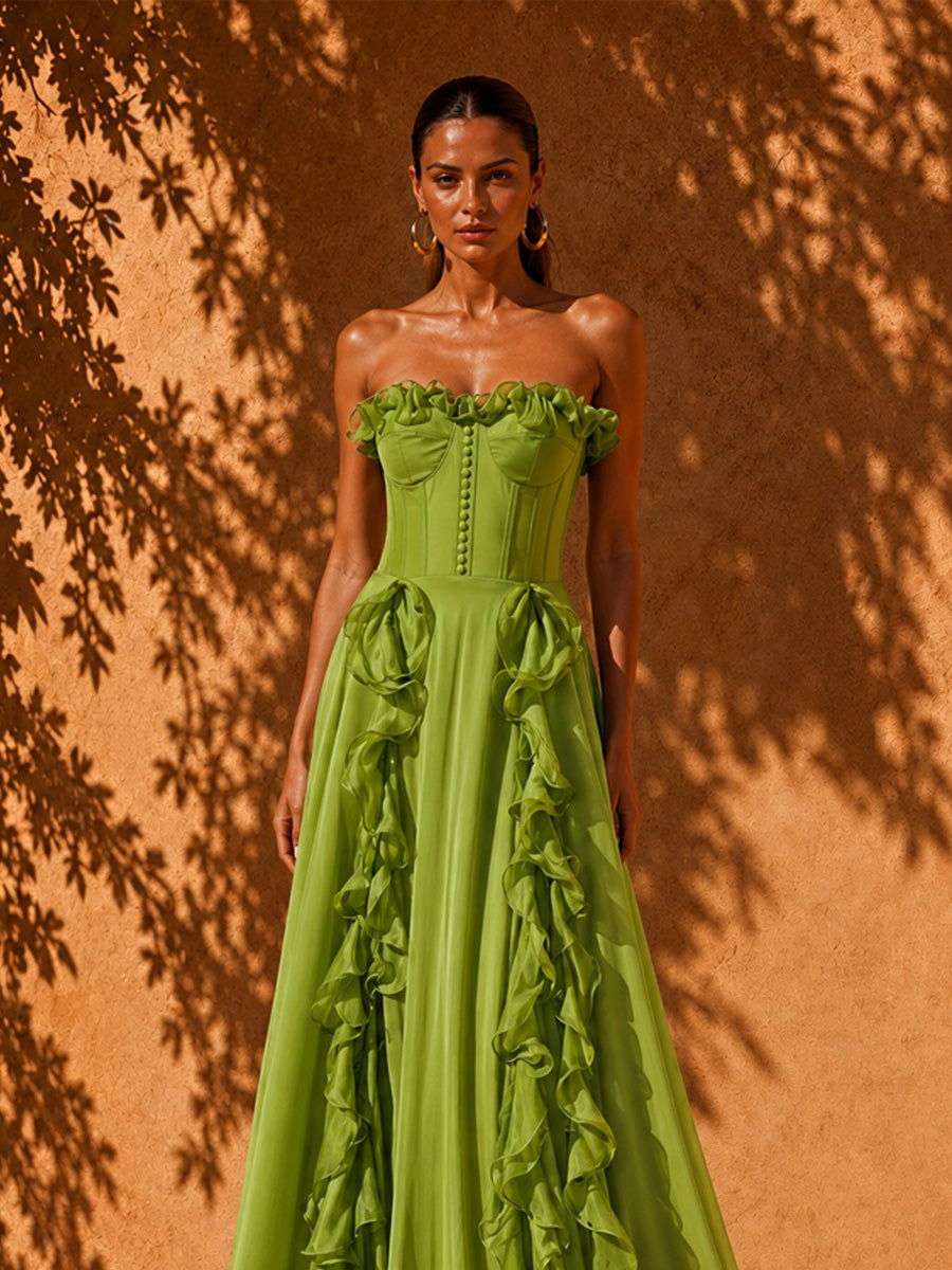 Vivian Pleated Ruffled Maxi Dress In Green