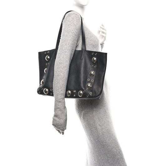 Grainy Calfskin Studded Medium Nellcote Shopping Tote Black