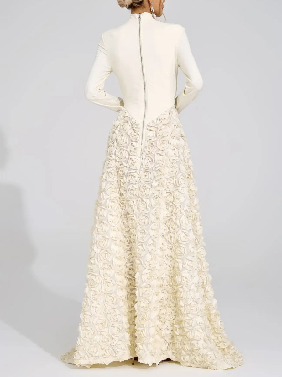Vivienne 3D Rose High-Neck Long-Sleeve Maxi Dress