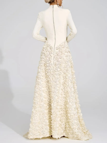 Vivienne 3D Rose High-Neck Long-Sleeve Maxi Dress