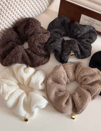 Solid Color Heart Pendant Knit Hair Tie