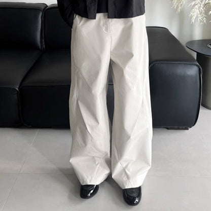 Pleated Curved Hem Wide-Leg Pants Unisex Loose Fit Style