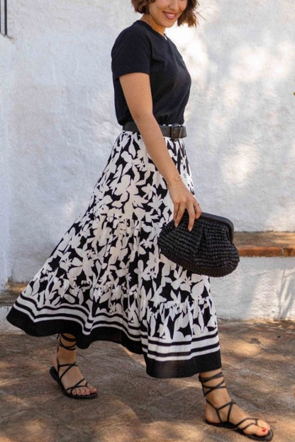 Resort Style Botanical Print Elastic Waist Loose Stitching Midi Skirt