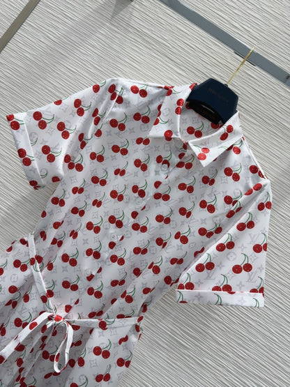 LV 25S Cherry Printed Dress White Red Poliester