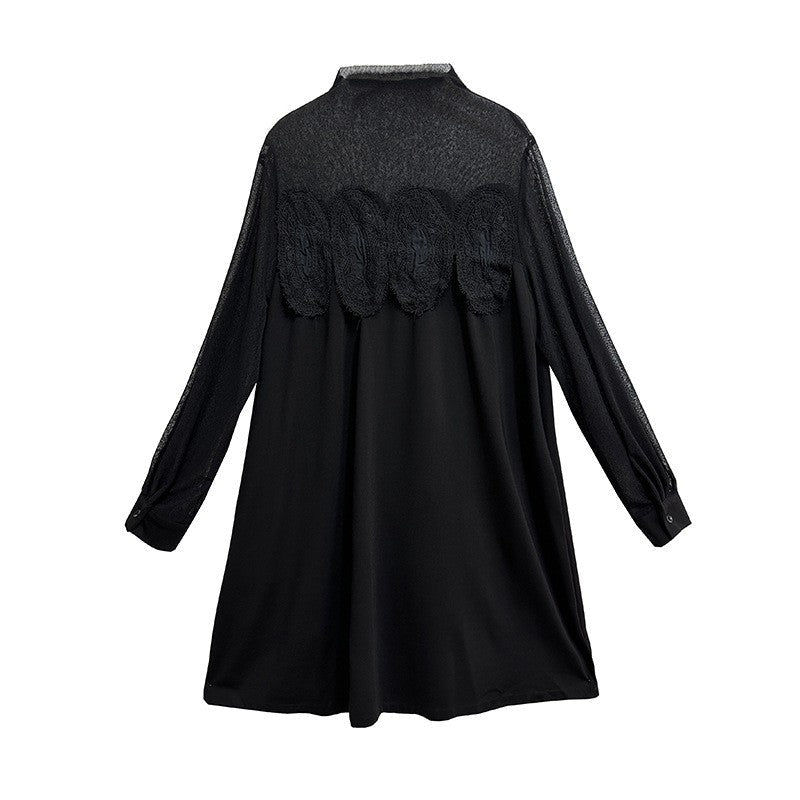 Hollow-Out Lace & Mesh Paneled Dress - Loose Fit, Luxury Feel, Elegant Mid-Length Dress For Women