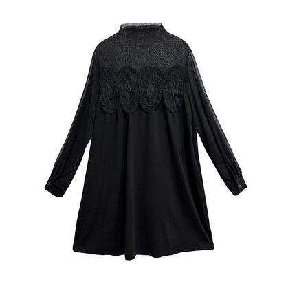 Hollow-Out Lace & Mesh Paneled Dress - Loose Fit, Luxury Feel, Elegant Mid-Length Dress For Women