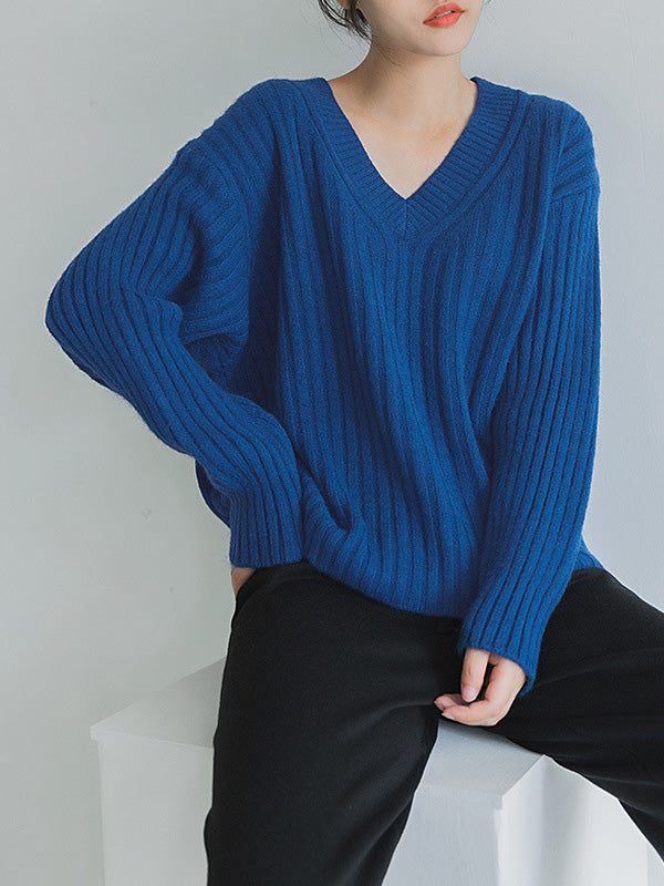 Casual Loose Solid Color V-Neck Sweater Tops