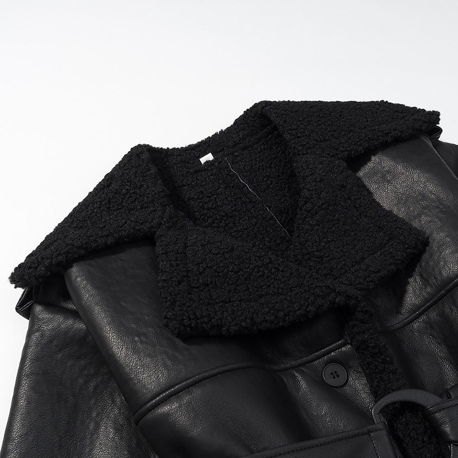 Long Fur Leather Belted Coat