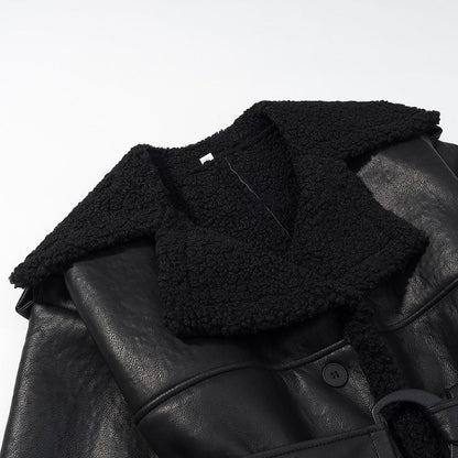 Long Fur Leather Belted Coat