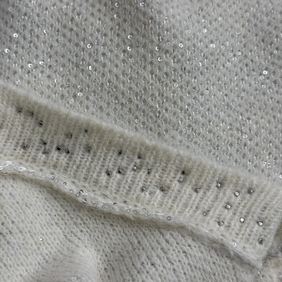 Chanel Rhinestone-Studded V-Neck Long-Sleeve White Wool Knit Sweater