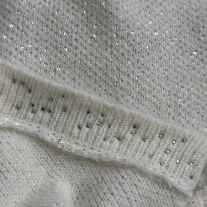 Chanel Rhinestone-Studded V-Neck Long-Sleeve White Wool Knit Sweater