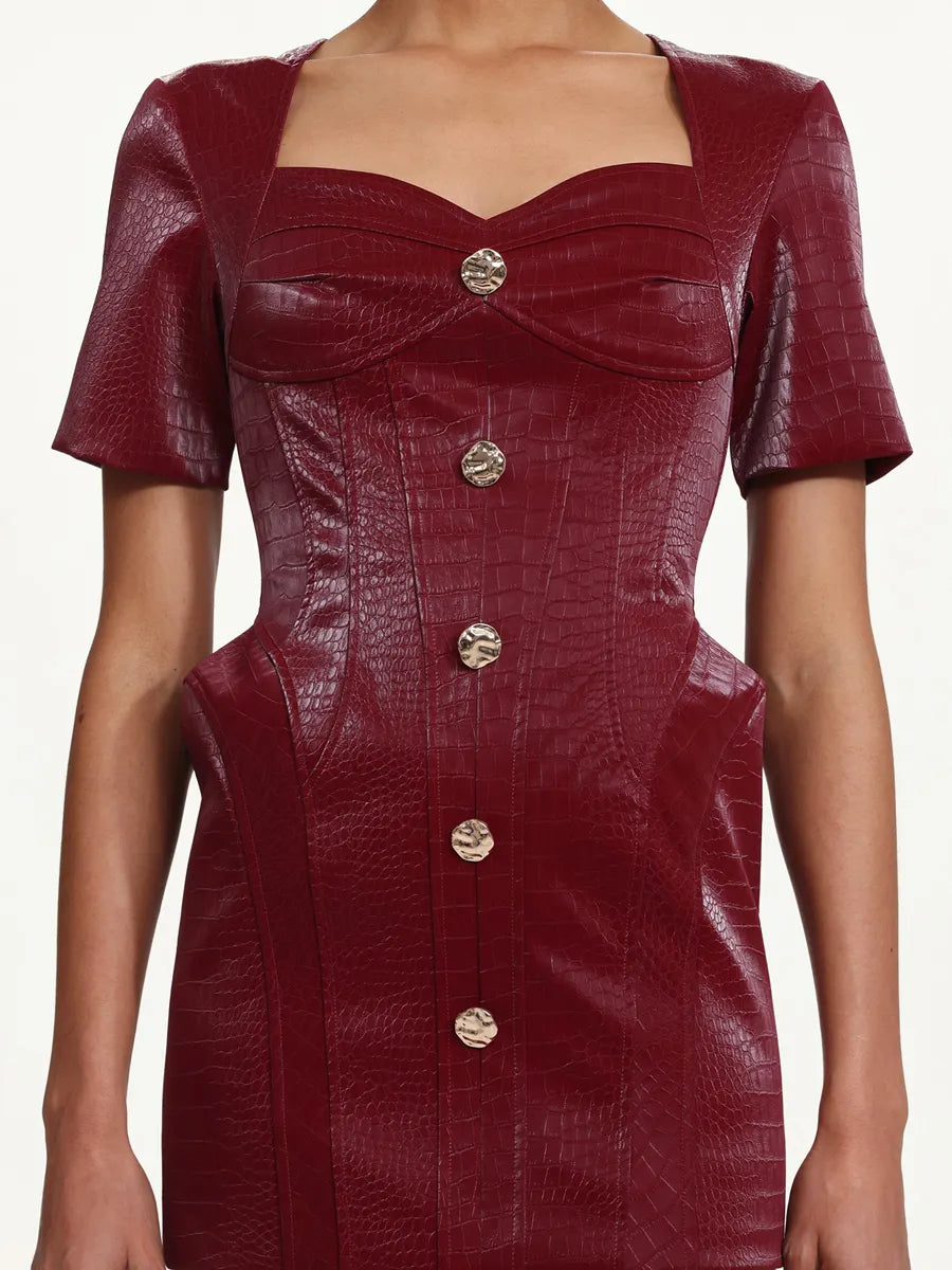 Jasmine Square Neck Buttoned Faux Leather Mini Dress