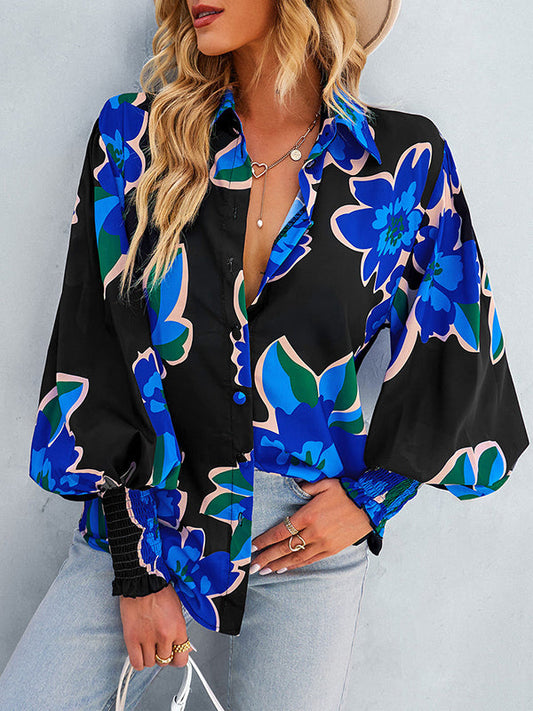 Long Sleeves Loose Buttoned Elasticity Flower Print Polo Blouses&Shirts Tops