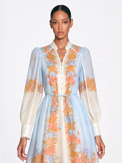 Zoe Floral Puff Sleeve Tie-Waist Mini Dress