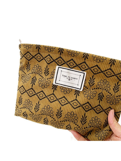 Cosbai - Fabric Geometric &amp; Floral Print Pouch Bag with Zipper