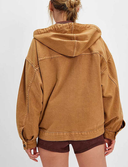 Casual Washed Denim Long Sleeve Hoodie
