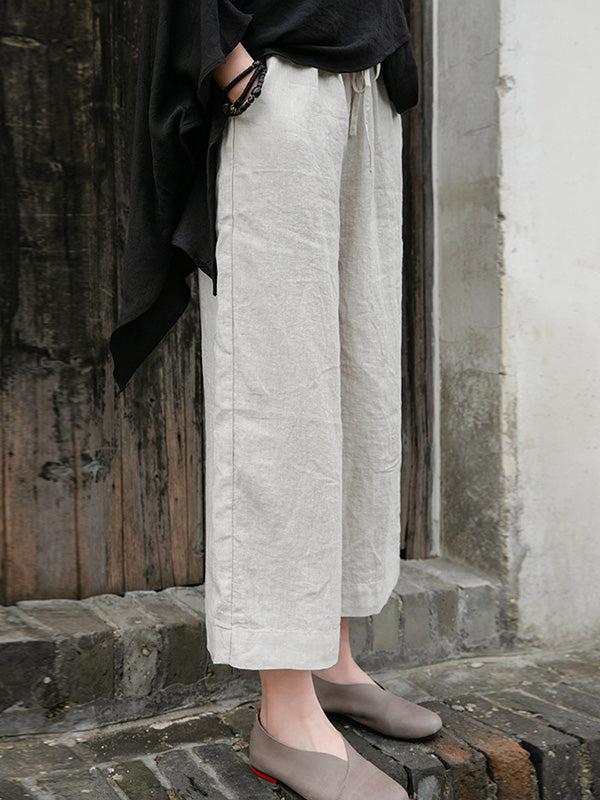 Simple Linen Column Elasticity Waist Bandage Pants