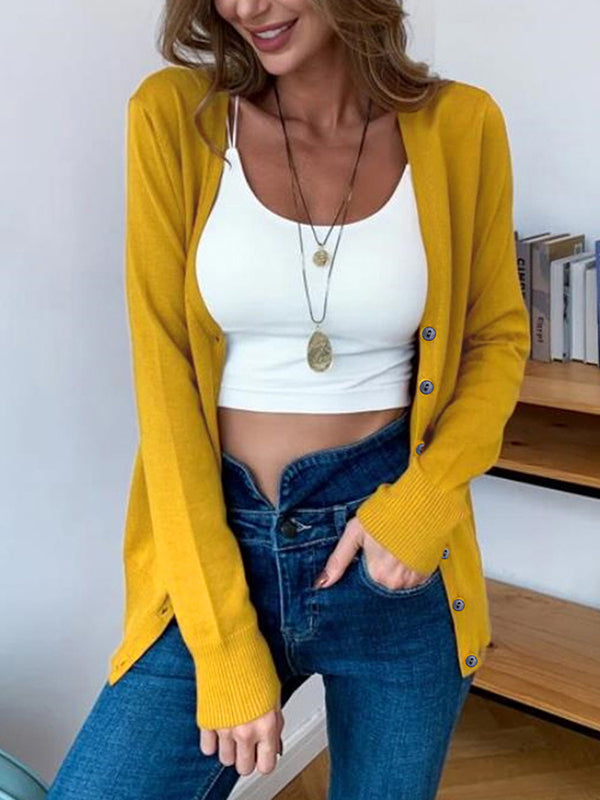 Simple Long Sleeves Buttoned Solid Color Sweater Cardigan Tops