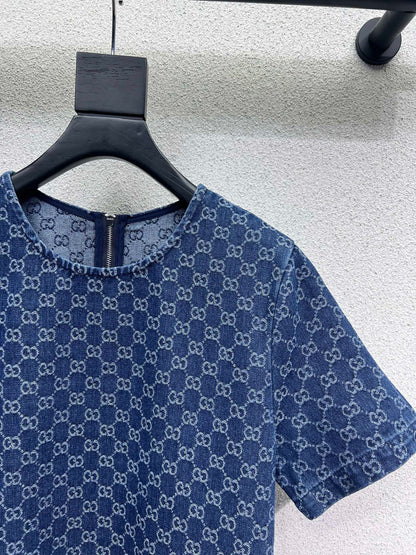 GG Blue Monogram Crystal Embellished Mini Dress