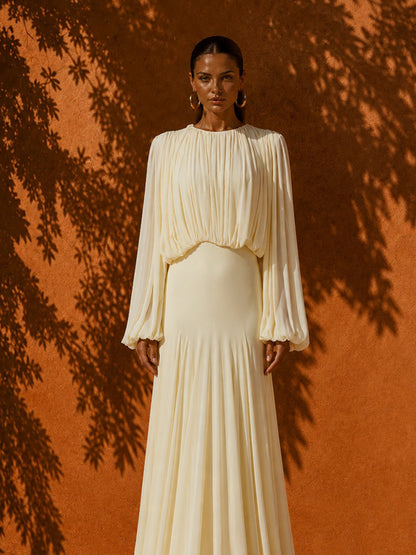 Keira Crew Neck Pleated Long-Sleeve Maxi Dress