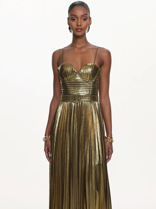 Bellamy Sleeveless Pleated Metallic Maxi Dress
