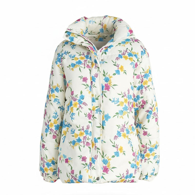 Floral Print Stand Collar Zipper Cotton Padded Jacket