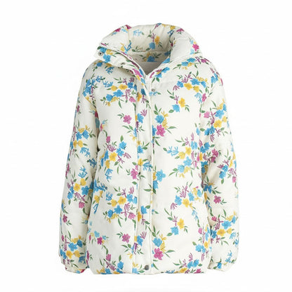 Floral Print Stand Collar Zipper Cotton Padded Jacket