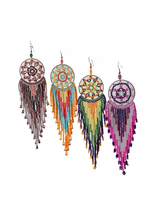 Earwish - Boho Colorful Beaded Fringe Earrings - Playful &amp; Brightly
