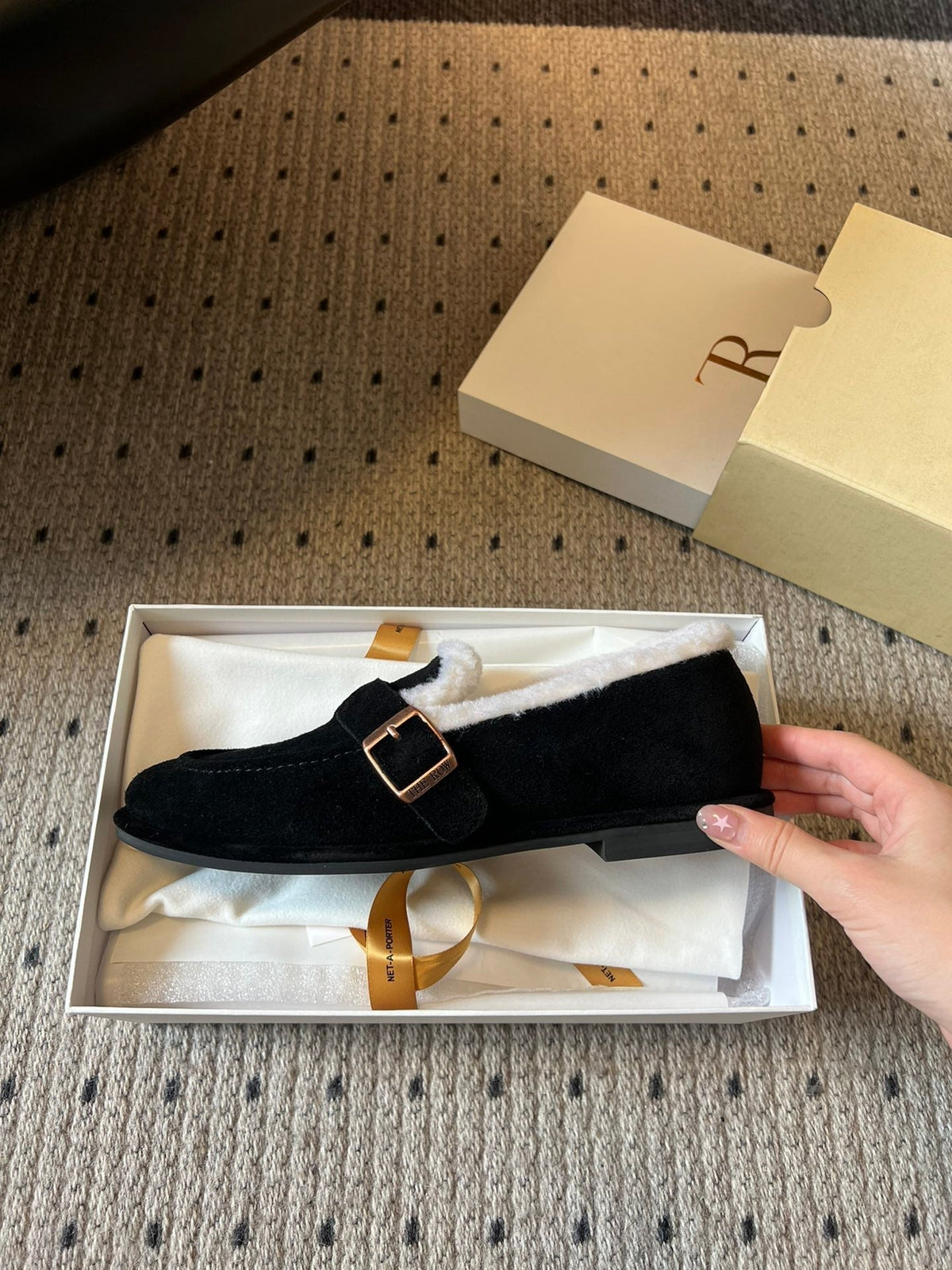 The Row 2025 Shearling Loafer Black White Suede Wool 561601