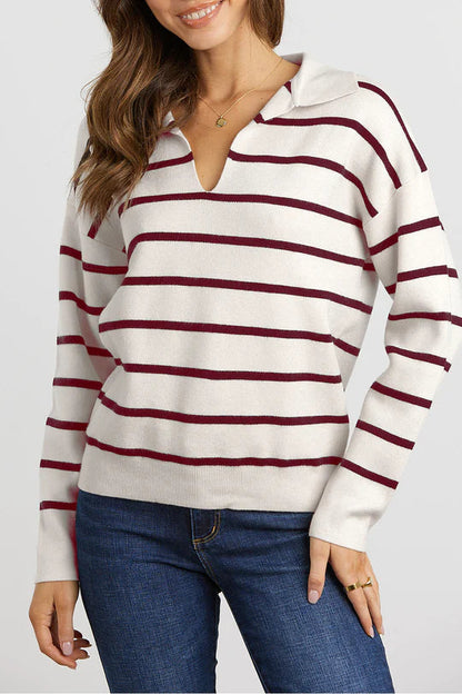 Striped Long Sleeve Polo V Neck Pullover Sweater