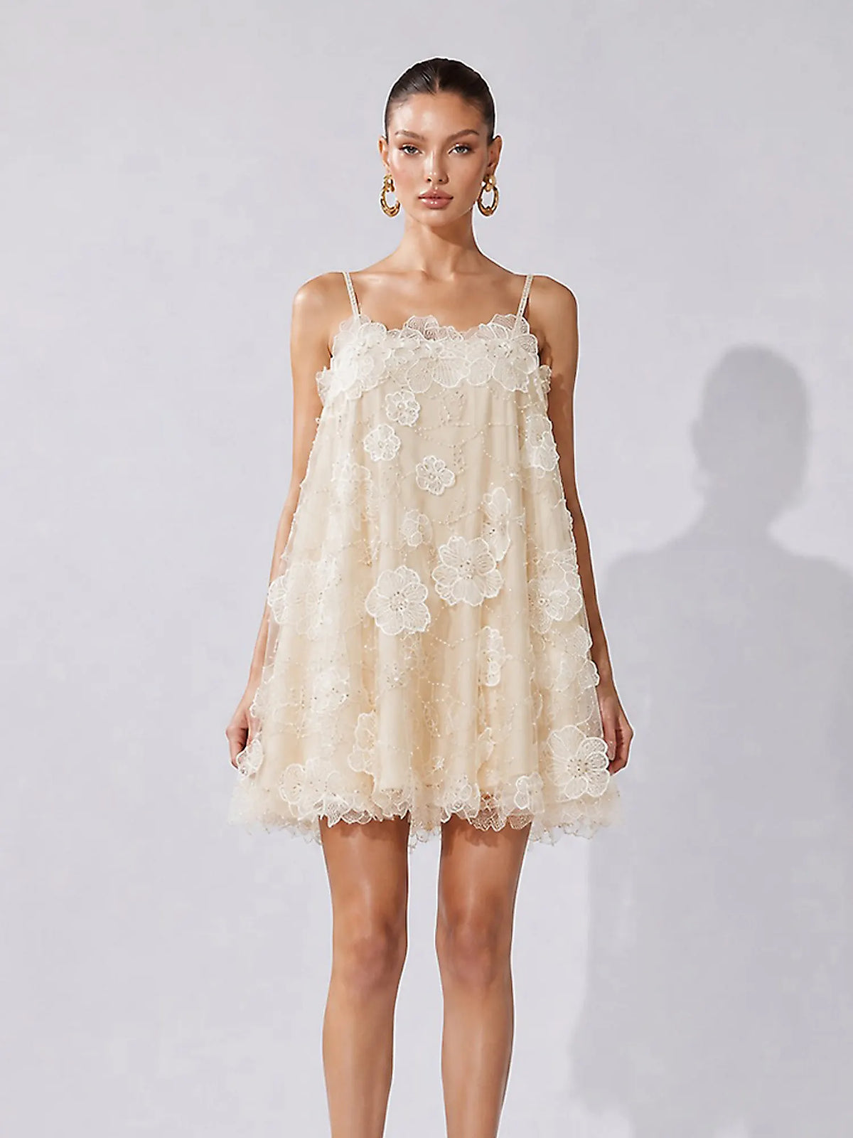 Abrianna Rhinestone Flower and Sequin Mesh Mini Dress