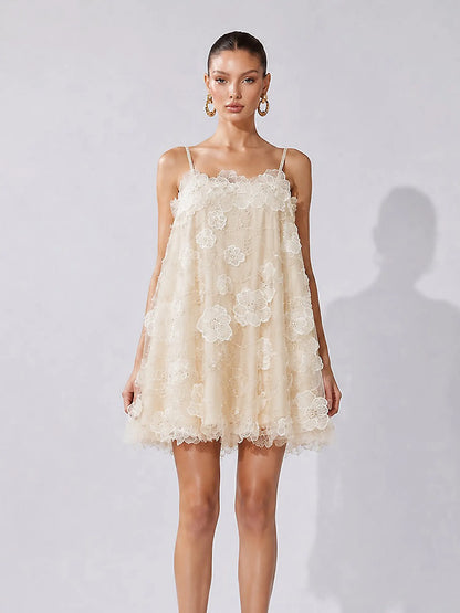 Abrianna Rhinestone Flower and Sequin Mesh Mini Dress