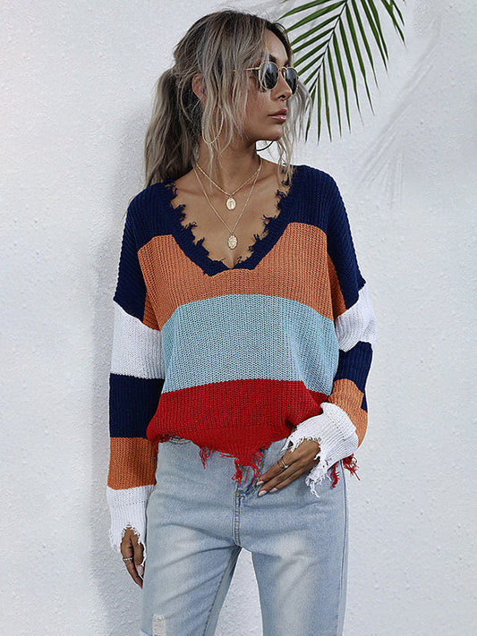 Urban Loose Fringed Contrast Color V-Neck Sweater
