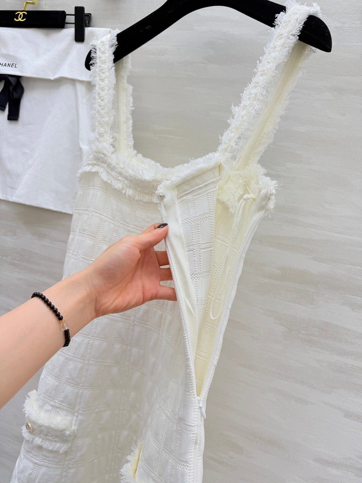 Chanel 2025 Raw-Edge Check Suspender Dress White Cotton 319515