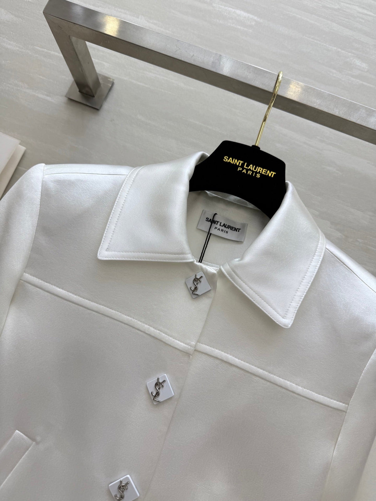 YSL 25 Short Jacket White Acetic Acid Cracked Fabric