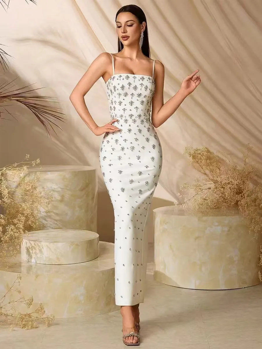 Alaya Rhinestone-Strap Slim-Fit Maxi Dress with Slit